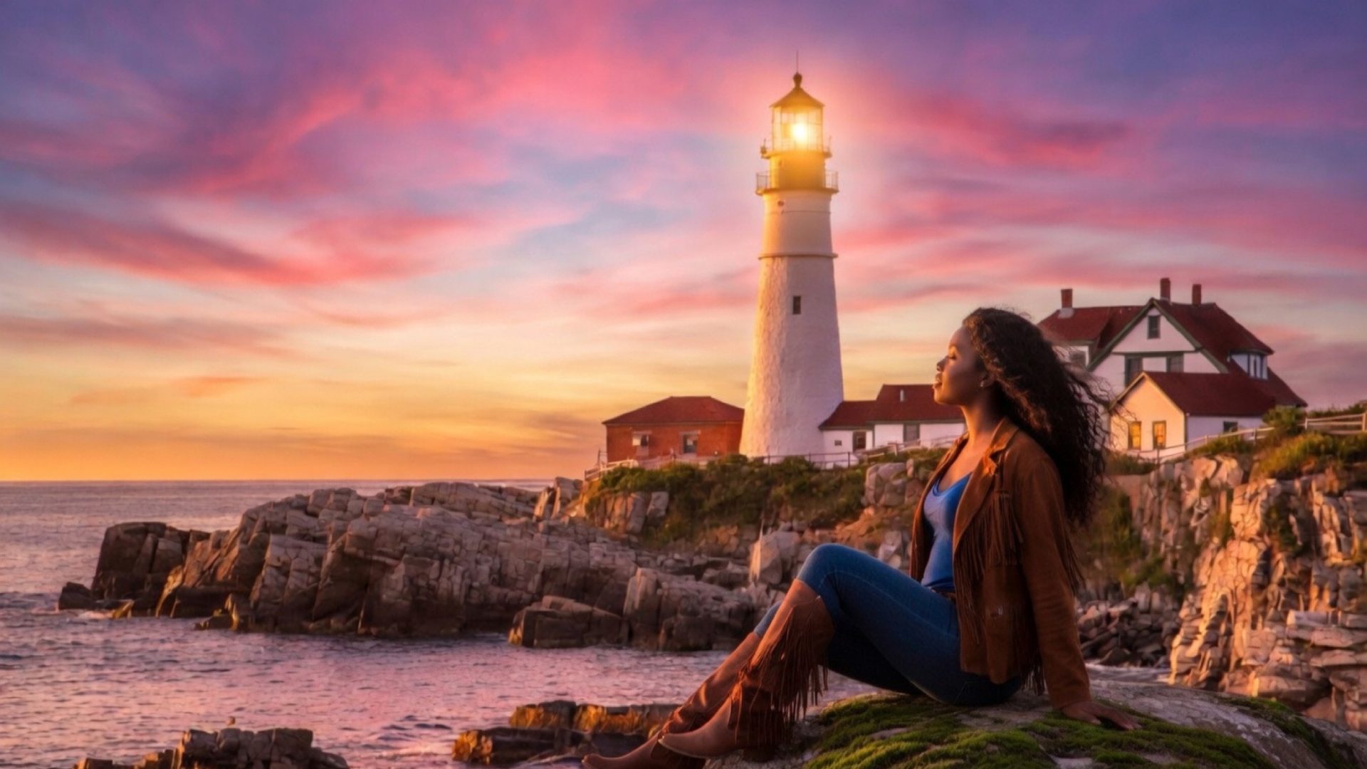 Afro indigenous woman at lighthouse